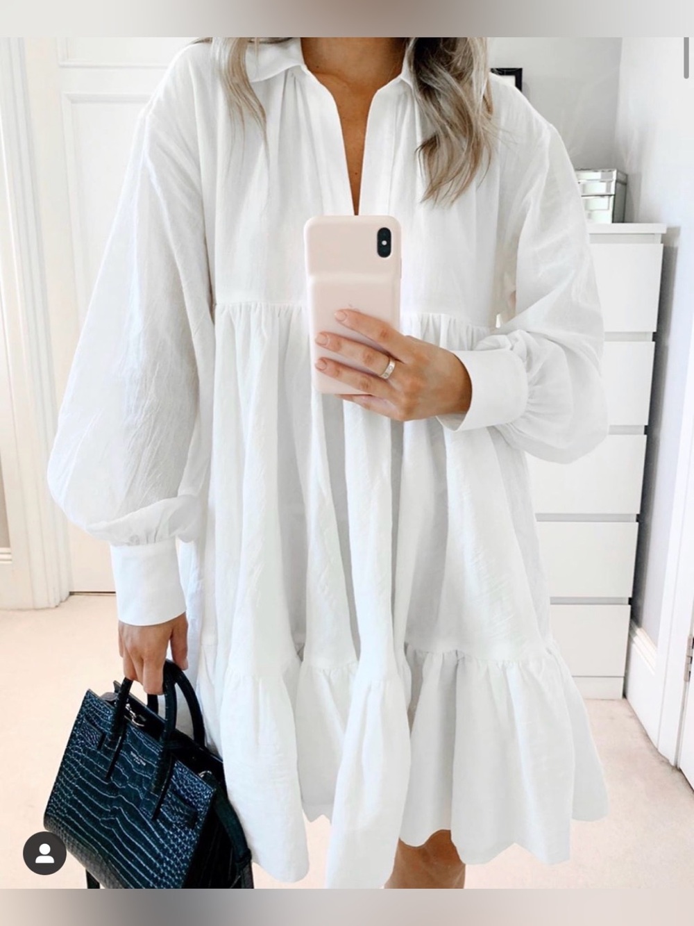 H&M White Tiered Long Sleeve Mini Shift Dress